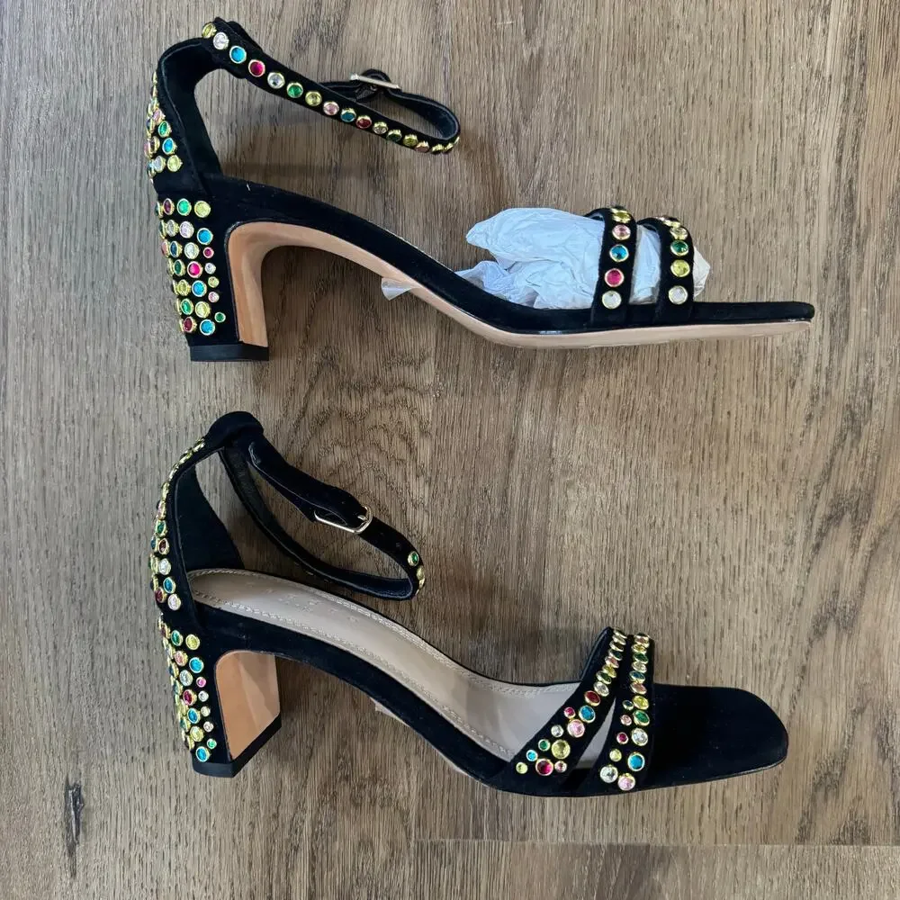 Sandro Jaden Crystal-Embellished Suede Heeled Sandals in Black - Picture 5 of 9